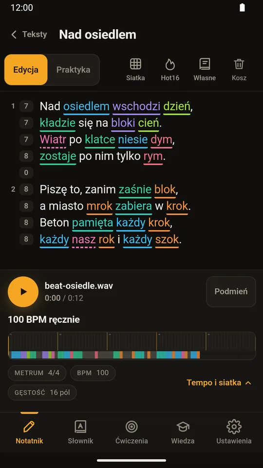 FlowStudio: rymy w kolorach i licznik sylab przy każdym wersie